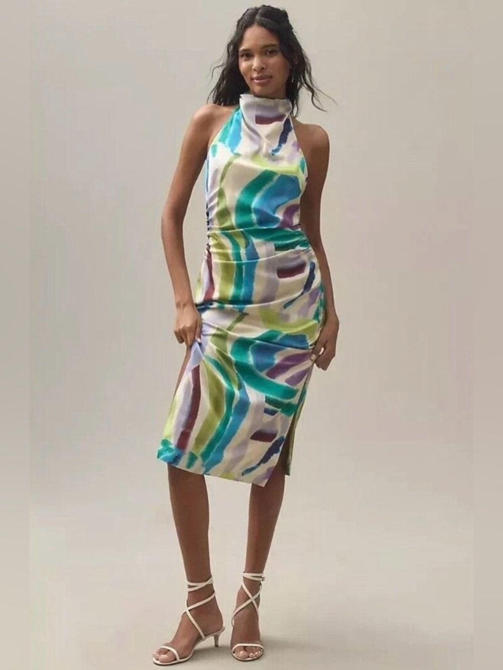 BHLDN Anthropologie Simone Satin Halter Midi Dress Ruched Abstract Print M